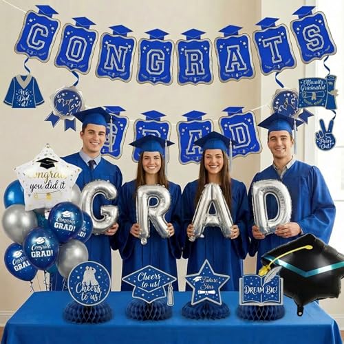 Image of Royal Blue Silver 2026 Graduation Party Decorations - Class of 2026 Grad Printed Balloons, Banner, Hanging Swirls, Table Centerpieces, Trophy Foil Balloons for College High School Graduation Prom