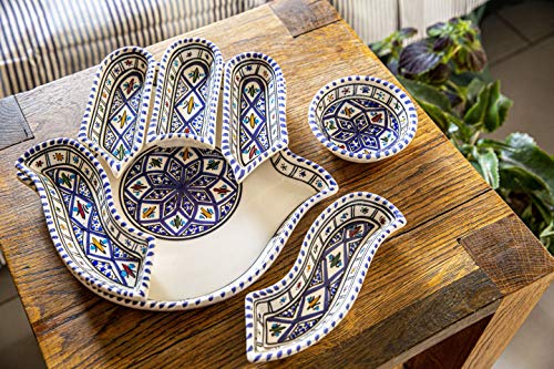 Kamsah 7 Piece Plate Set & Serving Platter, Custom Hand-Painted Ceramic Appetizer Tray Serving Dishes for Celebrations, Parties and Events (Large, Bohemian Blue)