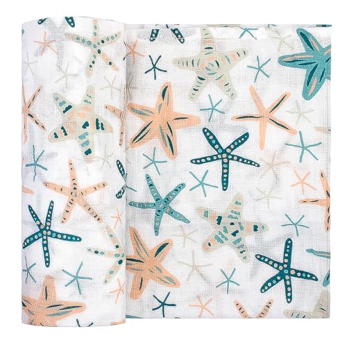 Image of Beach Themed Baby Swaddle Blanket Neutral 100% Cotton Luxury Muslin for Newborns Baby Girls and Boys Blue Beige Starfish