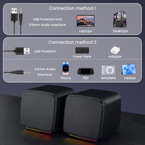 Vicloon Głośniki PC, głośniki 2.0 do komputera lub laptopa, kompaktowy głośnik zasilany przez USB, wejście Aux 3,5 mm, kolorowe światła RGB, 1 para, czarny
