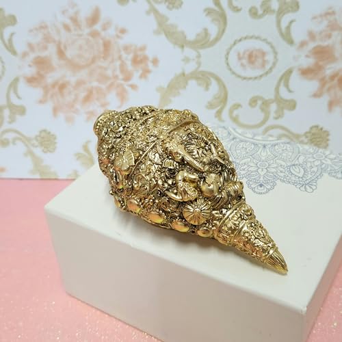 Image of ARNAVIRA 24K Gold Plated Antique Finish Ganesh Shankh (Conch) for Wealth, Home Decor | Housewarming Gifts | Pooja Room | Return Gifting 12.7 cm x 5 cm