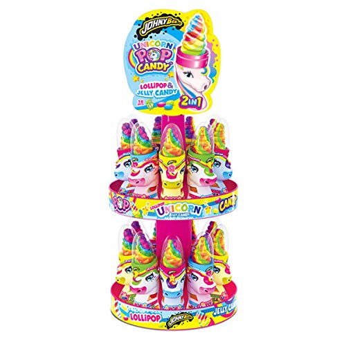 Joygum UNICORN POP CANDY lollipop & jelly candy 18 PZ, gustoso lecca-lecca arcobaleno con caramelle jelly beans alla frutta ; espositore 18 pezzi da 50gr