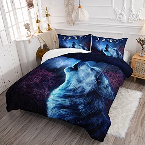 Xynhml Wolf Comforter Set Galaxy Night Moon Bedding Set 3Pcs Howling Wolf Down Lunar Eclipse Bed Set For Kids Teens Room Decor Wild Animals Comforter With 2 Pillowcases #TOP1