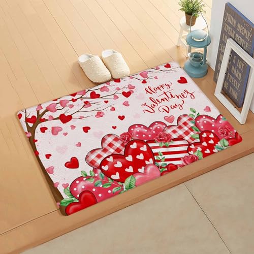 Valentine's Red Love Kitchen Bath Door Mat Cushioned Runner Rug,Washable Welcome Floor Sink Antifatigue Mat,Waterproof & Non-Slip Comfort Standing Doormat,Plaid Dots Heart Rose Leaves 18