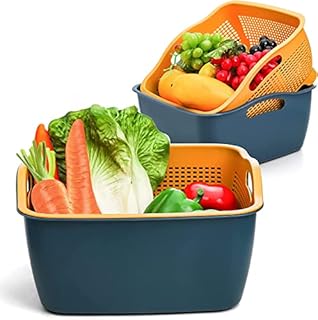 Jucoan Large Kitchen Strainer Colander Bowl Set, Double-Layer Plastic Fruits Vegetable Washing Basket, Drain Bowls for Cleaning Washing Mixing, Detachable (Blue, Organge)