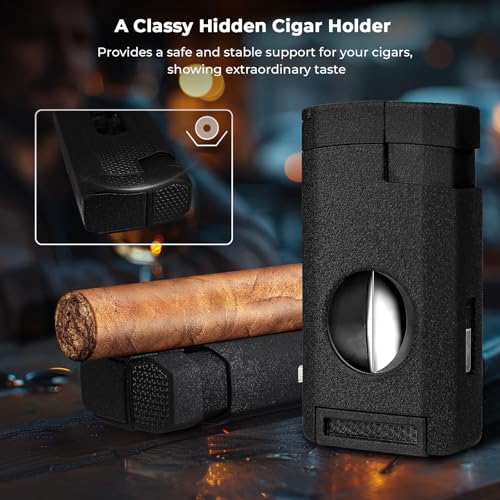 All-in-one Cigar Lighter, Torch Lighter with Cigar Cutter V Cut & Cigar Holder, Cigar Gifts for Men, Refillable Triple Jet Flame Windproof Butane Lighter, Cigar Accessories, Cool Lighters for Smoking - Image 5