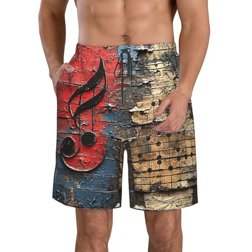 Men's Beach Shorts Board Casual Quick Dry Swim Trunks Holiday - Music Notes Vintage Art