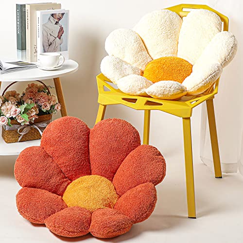 Unittype 2 Pcs 26 Inch Flower Pillow Daisy Throw Pillow Flower Shaped Seat Pads Cute Floor Cushion Lazy Sofa Osmanthus Velvet For Dormitory Room Bedroom Living Room Office Car (White, Orange) #TOP17