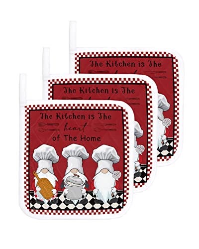 Pot Holders for Kitchen Cartoon Chef Gnome Kitchen Utensils Set of 3 Potholders Heat Proof Non-Slip Oven Pot Holder Insulation Terry Cloth Hot Pad with Loop Red Black White Plaid