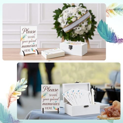 Image of Gilprop 112 Pcs Celebration of Life Memory Cards Set Share a Memory Cards with Box 2 Wood Sign with 4 Hold and 5 Pens, Sympathy Memorial Gifts Funeral Keepsake Decorations(Feather)