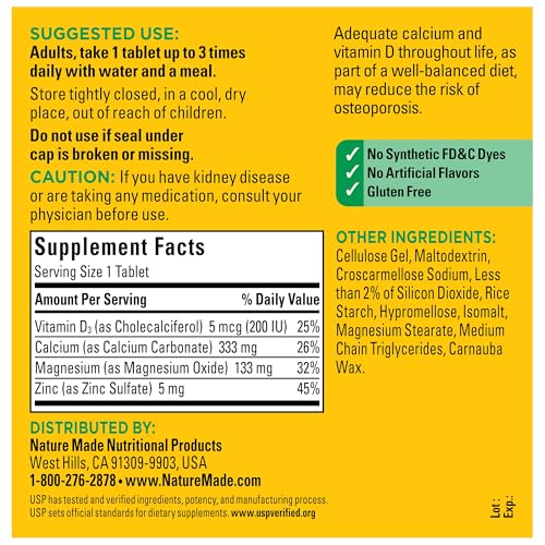 Nature Made Calcium Magnesium Zinc with Vitamin D3, Dietary Calcium Supplement for Bone Support, 300 Tablets - Image 6