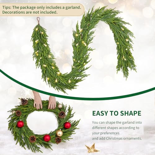 GarveeHome 9 Ft Realistic Christmas Garland, Real Touch Norfolk Pine Garland for Mantle, Dense Artificial Greenery Garland Decorations for Fireplace Stairs Railing Dining Table Indoor Outdoor, 1 Pcs