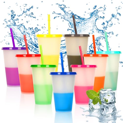 Yanghad 9 Pièces Gobelet avec Paille, Gobelet Plastique Reutilisable, Gobelets avec Couvercle et Paille, 480ml Tasses À Couleurs Changeantes, pour Enfants Adultes Plage Fête