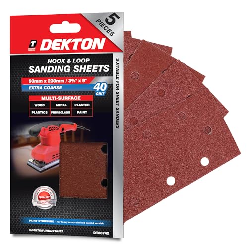 Dekton 5PC Hook and Loop Sanding Sheets 230mm/Extra Coarse - 40 Grit | Ideal for Sheet Sanders | Multi-Surface Use on Wood, Metal, Plaster, Plastics & Paint | Heavy-Duty Sanding Performance