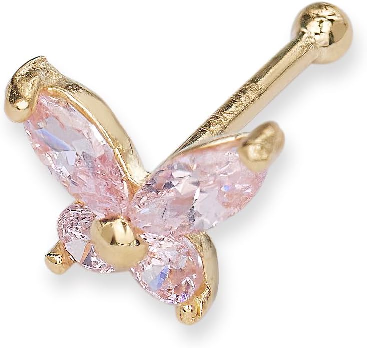 JewelryWeb - 14k Real Gold Pink Simulated Diamond CZ Butterfly Nose Stud - 20g Nose Ring - Pink Nose Stud