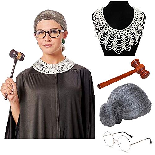 4pcs Women RGB Costume, Ruth Ginsburg Style Dissent Judge Collar, Grey Granny Wig, Judge Wooden Gavel, Glasses For Halloween Cosplay Party Favors