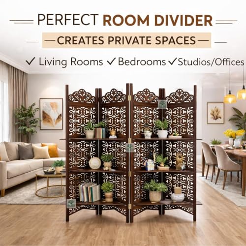 Image of Wooden Room Divider 6 Feet, 4-Panel Folding Wooden Partition for Living Room, Office, Pooja Room, Restaurant, Kitchen & Balcony