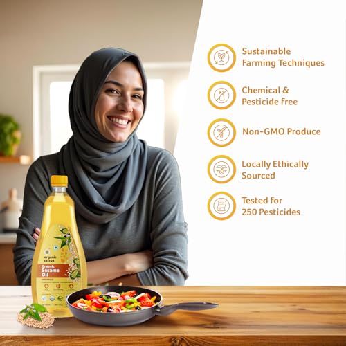 Image of Organic Tattva Sesame Oil 1 Litre | Unrefined Cold Pressed Cooking Oil | Pure Sesame Seed Oil | Suitable for Everyday Cooking (Pack of 2)