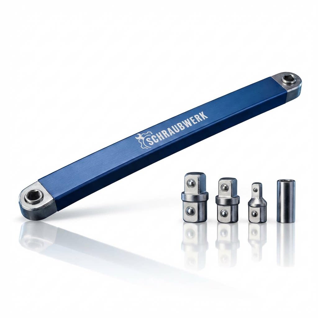 Plscape Schraubwerk - Offset Schlüssel, 15.4" Reach with 1:1 Chain Drive - 0° Swing Space for Tight Areas - 16mm Ultra-Thin Design - Inkl. 1/4", 3/8" & 1/2" Adapter (1 Stück)