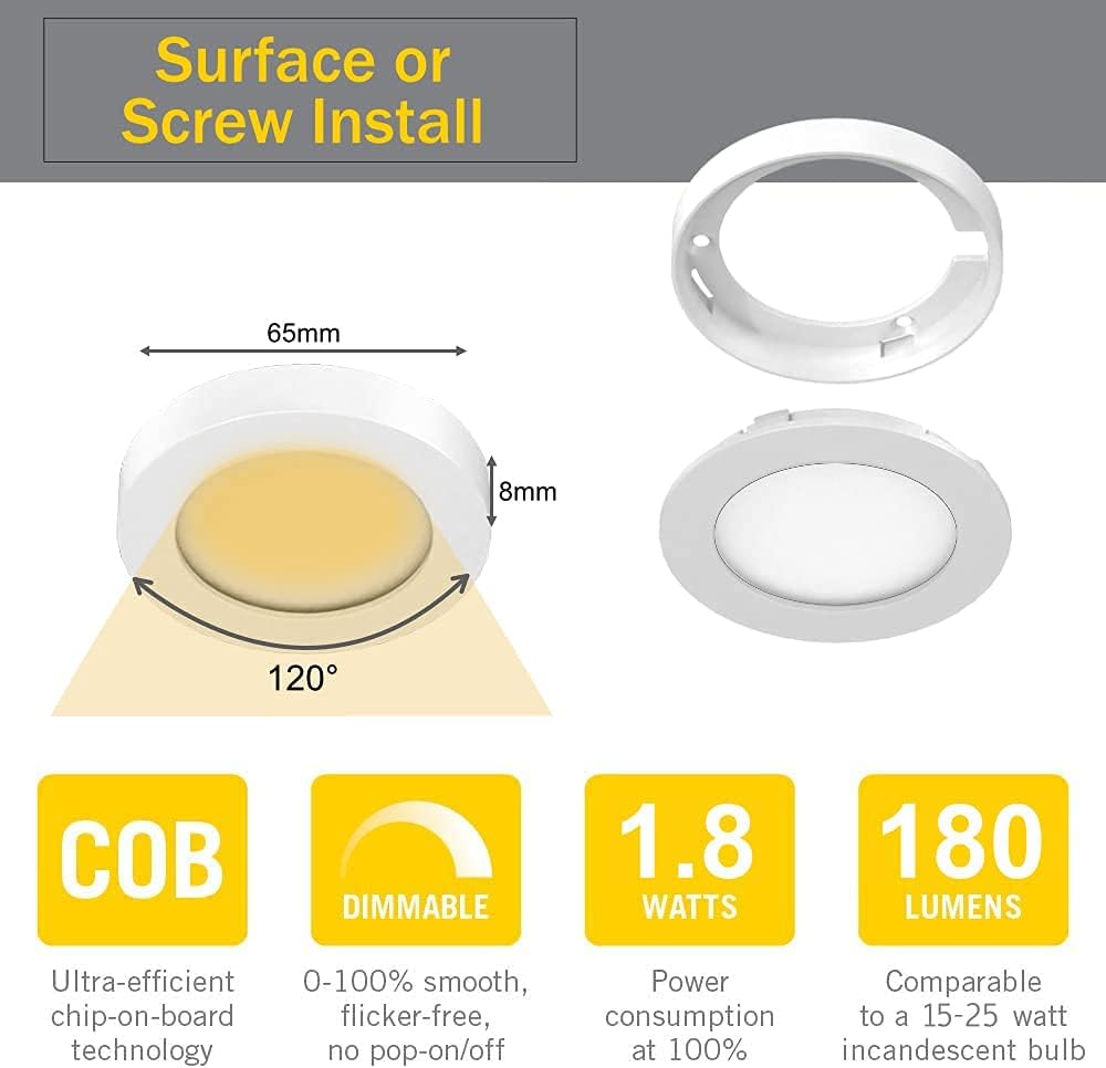 VST Under Cabinet Lighting 12V 2W(12W Total, 60W Equivalent), with Wireless Dimmer Switch, Recessed or Surface Mount Puck Light for Kitchen,Wardrobe,Pantry,Decor, 6 Pack White 4000K…