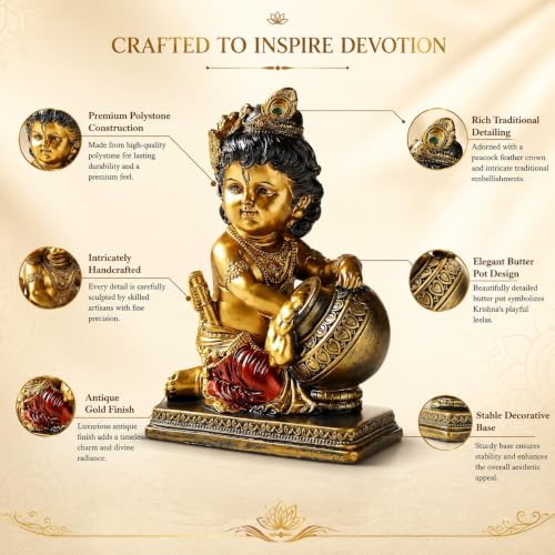 Image of ARMONIA Krishna Makhan Chor Idol - 8.2 Inch Ploystone Kanha Ji Murti with Antique Finish | Statue for Home Decor, Living Room & Pooja Mandir | Office Desk Showpiece |Gift for Wedding & Housewarming