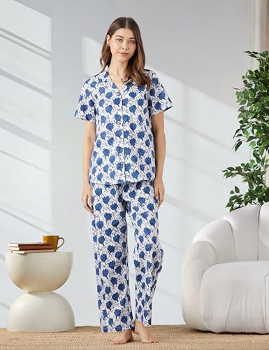 Image of Amazon Brand - Myx Women Cotton Shirt and Relaxed Pajama Set | Night Suit Set (Available in Plus Sizes)