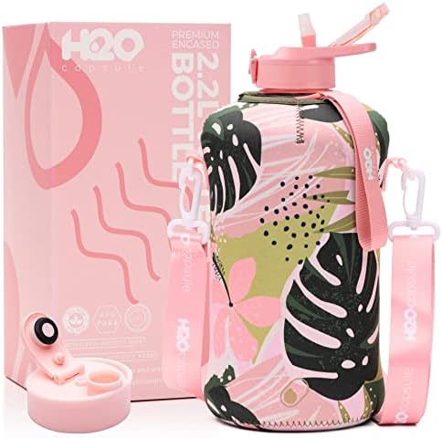 H2O Capsule 2.2L Half Gallon Water Bottle with Storage Sleeve and Covered Straw Lid – BPA Free Large Reusable Drink Container with Handle - Big Sports Jug, 2.2 Liter (74 Ounce) Hawaii Haven