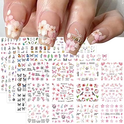 YOSOMK 48 Sheets Flower Nail Art Stickers Spring Peach Blossom Nail Decals Water Transfer Nail Art Supplies Summer Butterfly Design Nail Accessories for Women DIY Nail Decorations.