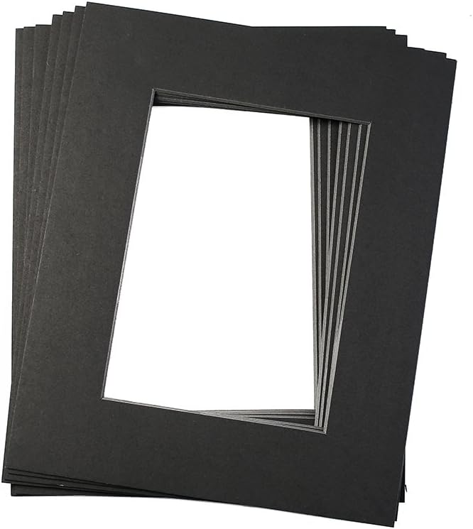 Mat Board Black Picture Mats 10 Pack 8x10 Size with Black Core Bevel Cut for 5x7 Photos Opening Acid Free