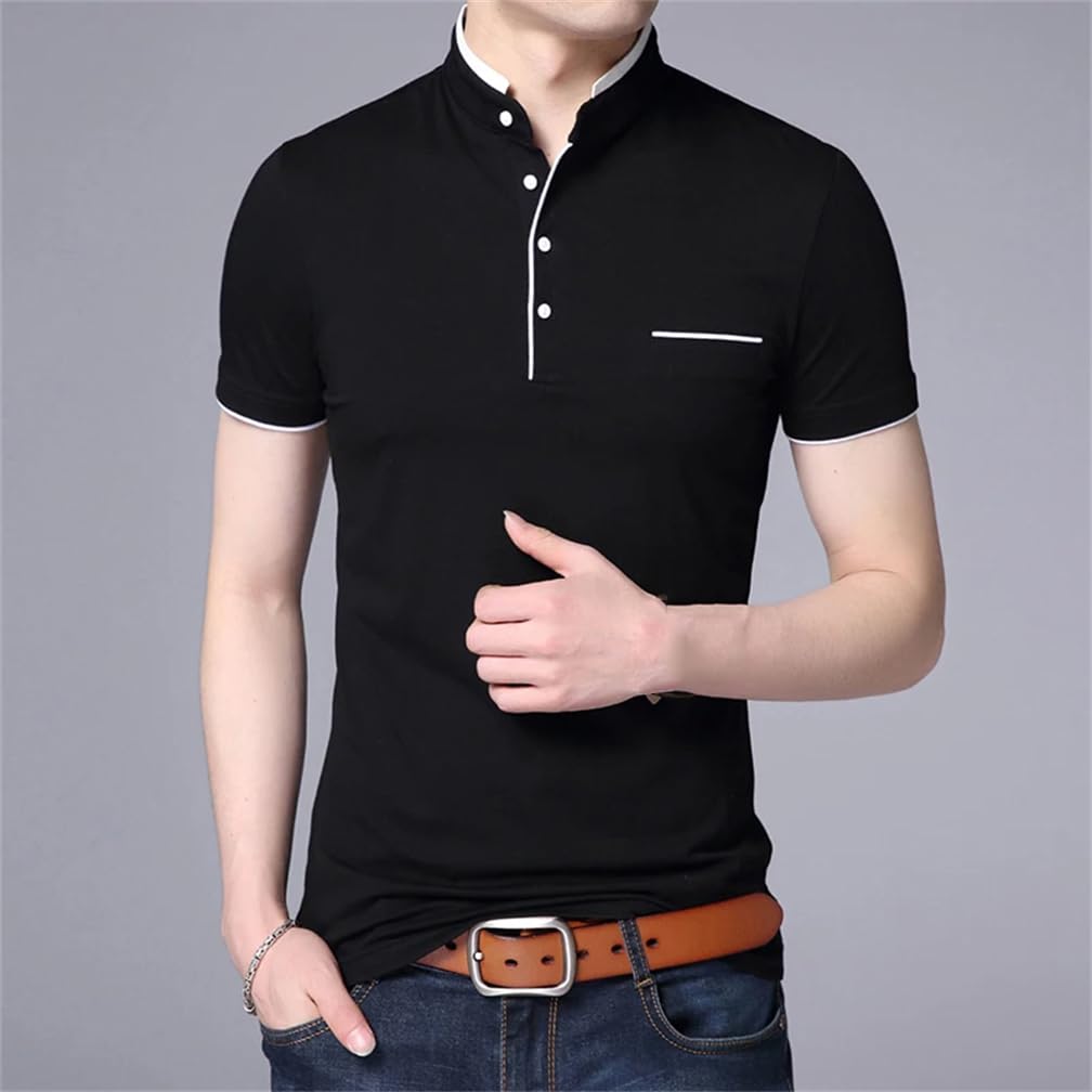 Męska koszulka ze stójką w jednolitym kolorze Slim Fit Button Casual T-Shirt Top