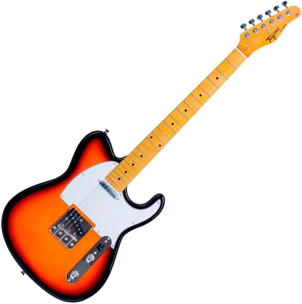 Guitarra elétrica Tagima modelo TW-55 Sunburst Woodstock Series, corpo em madeira com acabamento sunburst (laranja, vermelho e preto), braço e escala em madeira clara, detalhes prateados nas tarraxas