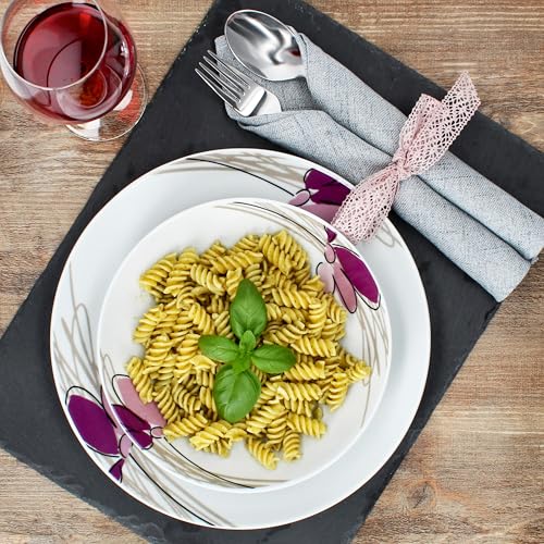MamboCat Viola 12tlg Tafelservice I Porzellan-Geschirr mit Blumen-Dekor für 6 Personen I 6x Suppenteller & 6x Speiseteller für Frühstück, Mittag & Abendbrot