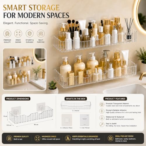 Image of Bathroom Organiser Shelf Suction Use Installation Transparent Pack of 2pcs