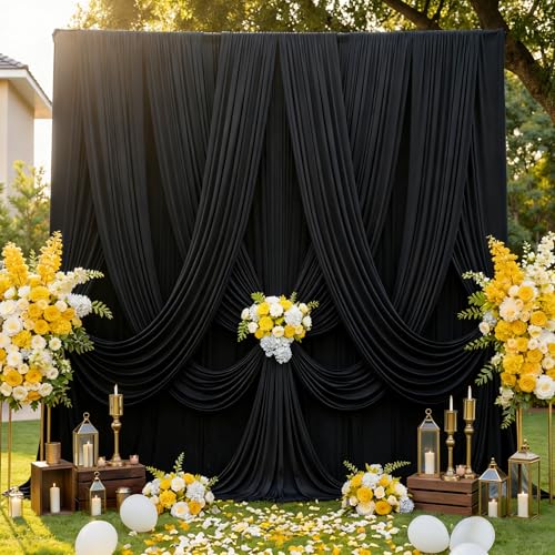 60ftx12ft Wrinkle Free Black Backdrop Curtain for Wedding Parties, 12 Panels 5x12 ft Long Silky Polyester Fabric Backdrop Drapes Black Photo Back Drop Cloth for Graduation Photography Background