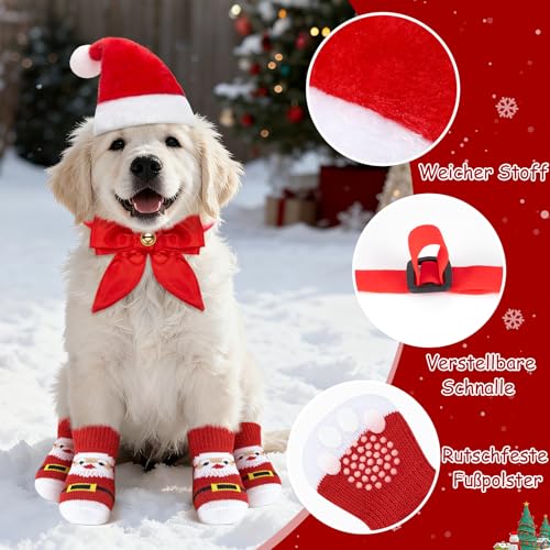 MELLIEX 3 Stück Katzen Hunde Weihnachtskostüm, Hundekostüm Katzenkostüm Weihnachten mit Weihnachtsmützen Verstellbare Rote Fliege Haustiersocken für Katzen und Kleine Hunde