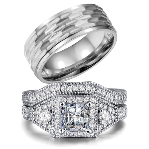 Adjustable size Bridal sets Wedding Ring Sets His And Hers Promise Ring Couples Bridal Sets Women 925 Sterling Silver Square Cz Man Titanium Wedding Band