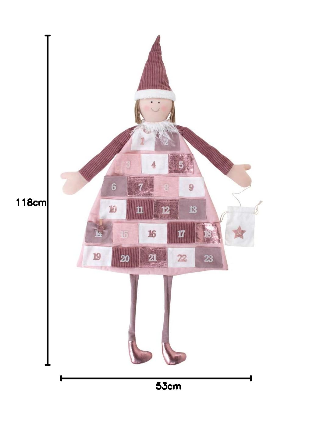 Rayher 46455258 calendrier de l’avent XXL, en forme de lutin de Noel, à suspendre, en tissu de couleur rose, à garnir soi-même, réutilisable chaque année, 118 x 53 cm, calendrier pour fille