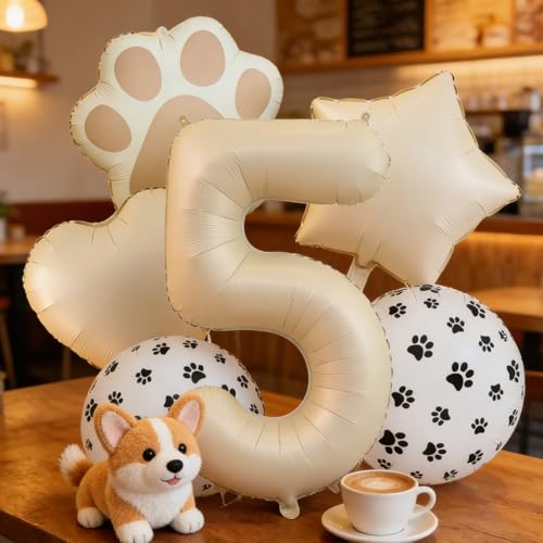 Image of 5th Birthday Dog Paw Balloons Set,18'' Paw Prints, Heart,Star,Paw Shaped Foil Balloon 40 Inch Cream Number 5 Helium balloons for Puppy Themed Third Anniversary Birthday Party Decorations Supplies 6PCS