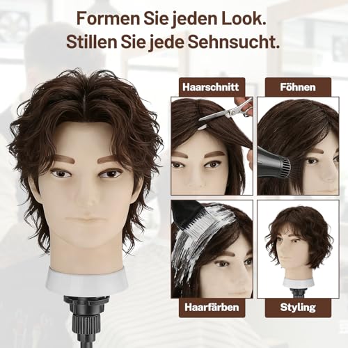 TwoWin 13 Zoll (33 cm) Frisierkopf Echthaar, Mann Friseurkopf Übungskopf 100% echthaar, Trainingskopf für Friseure, Frisurenkopf Männlicher Haarschnitt, Übungskopf Friseur Mit Tischklemme (Braun)