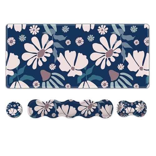 ARTSO Keyboard Mouse Pad Set, Blue Flower Large Gaming Mousepad +Keyboard Wrist Rest +Mouse Wrist Rest +Coaster, Ergonomic Mousepad Memory Foam Cushion for Home Office