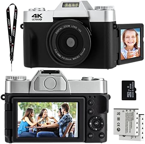 4K Digital Camera Vlogging Camera 48MP 30FPS Compact Camera 16X Digital Zoom Camera 180 Degree Rotation Flip Screen Photo Camera (Auto Focus & 32GB Micro SD Card)