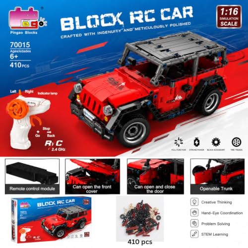 Image of 1:16 RC Building Block Car for Kids, 410 PCS Remote Control Off Road Jeep Toy with 2.4GHz Controller, DIY Construction Brick Car Model, Rechargeable Racing SUV Kit Gift for Boys Girls 6+ Years