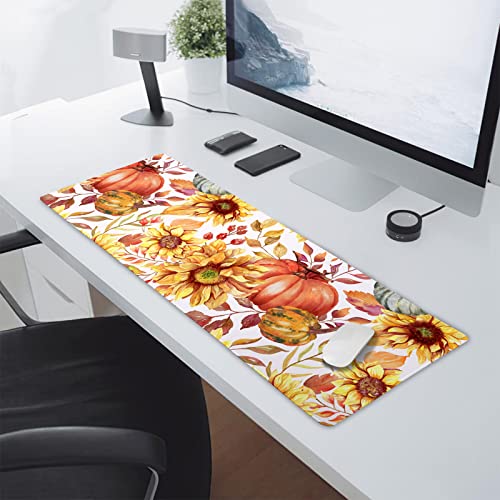 Image of Fall Pumpkin Sunflowers Mouse Pad XL Watercolor Retro Autumn Leaves Floral Extended Desk Mat Non-Slip Rubber Base Stitched Edge Large XL Thanksgiving Mousepad for Desk Gaming Laptop,31.5x11.8 in