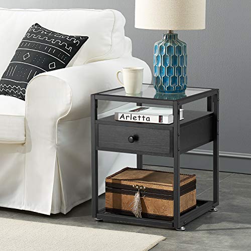Vecelo Nightstands/Bedside/End Table With Glass Tabletop Hold Up To 66 Pounds, Space-Saving Drawer And Sturdy Night Stand For Bedroom/Living Room/Lounge, Set Of 2, Classic Black #TOP6