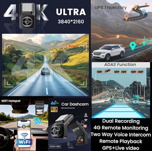 Image of F /R 4K+4G Dual Dash Cam GPS+LiveVideo ADAS BSD Playback Park Monitor Calling Pedestrian Alert WiFi Hotspot Loop Record GSensor Reverse Parking 1TB MicroSD SIM Support (S44KGen4P)
