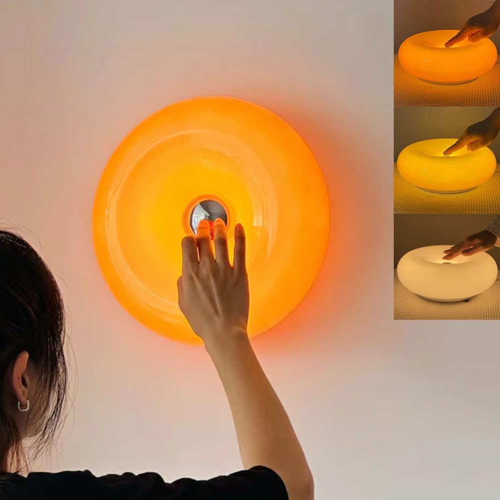 AoLa Donut Lampe Orange LED Innen Wandlampe Touch Dimmbar 3000K-6000K Wandleuchte mit Kabel und Stecker Rund Nachttischlampe Modern Glas Tisch Lampe für Wohnzimmer Esszimmer Schlafzimmer Kinderzimmer