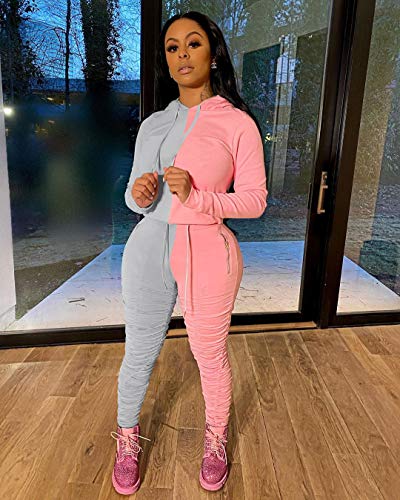 PINSV Women's 2 Piece Outfits Long Sleeve Pullover Hoodie Workout Sets Loungewear Sweatsuit Grey Pink XL - Thumbnail 6