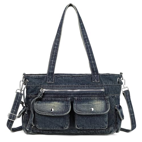 iPinee Nova bolsa jeans lavada para mulheres linda bolsa mensageiro jeans azul bolsas e bolsas de mão, Azul escuro, Middle