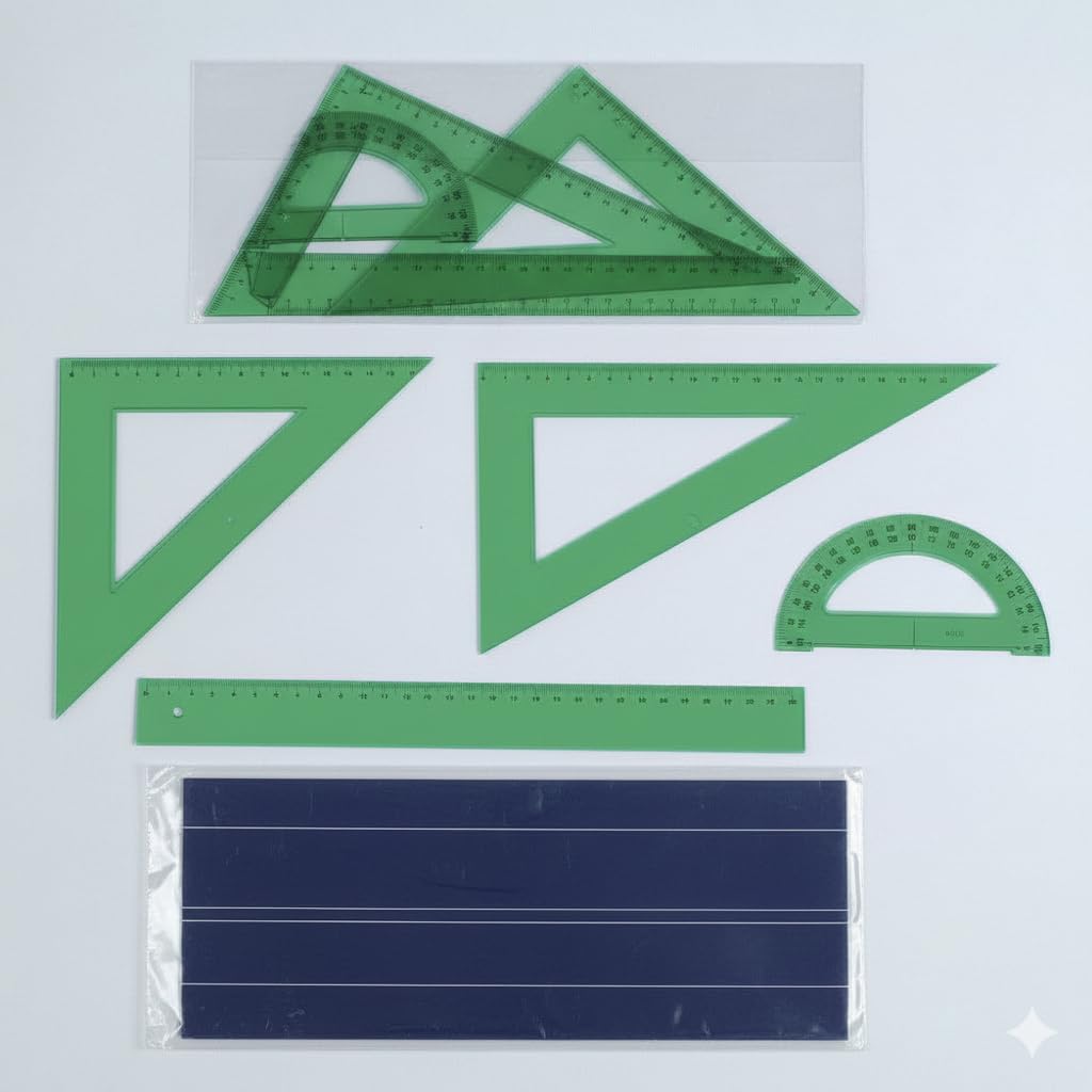 Pack Escolar - Escuadra - Cartabón - Regla - Semicírculo - Color Verde- Compas Articulado de Ajuste Rapido Adaptador Universal 17 cem. + Accesorios 32722-8