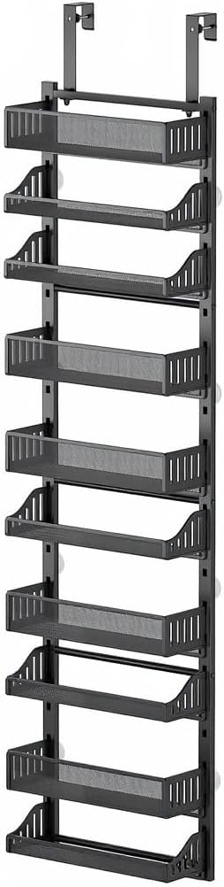 10 Etagen Organizer Für Die Tür Gewürzregal, Türaufbewahrung Speisekammer Tür Hängeregal, Metall Tür Aufbewahrung Mit Haken, Hängeorganizer Für Küche, Speisekammer, Wohnzimmer, 41.5x13x154Cm,(Schwarz)